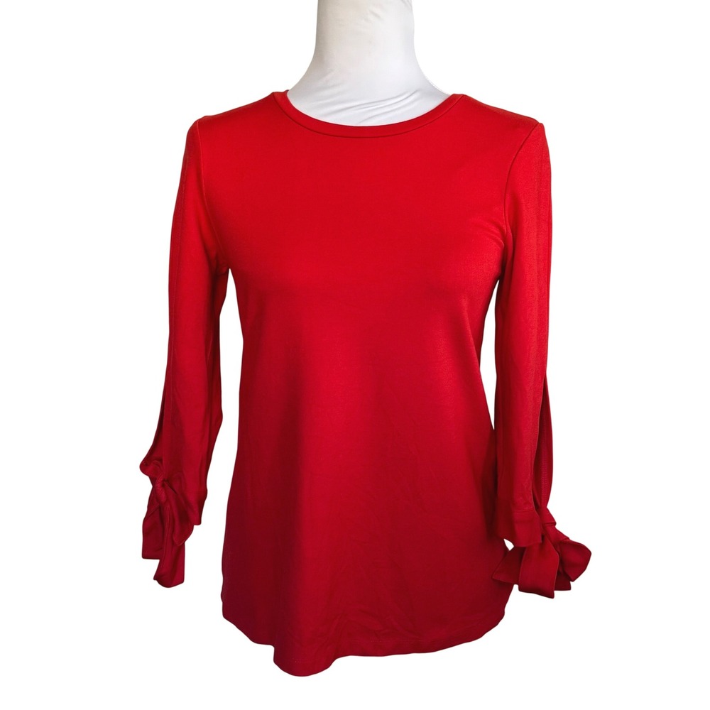Halogen Women's Top Red Soft Long Sleeve Bow Cuff  Festive Crew Neck‎ Petite XS